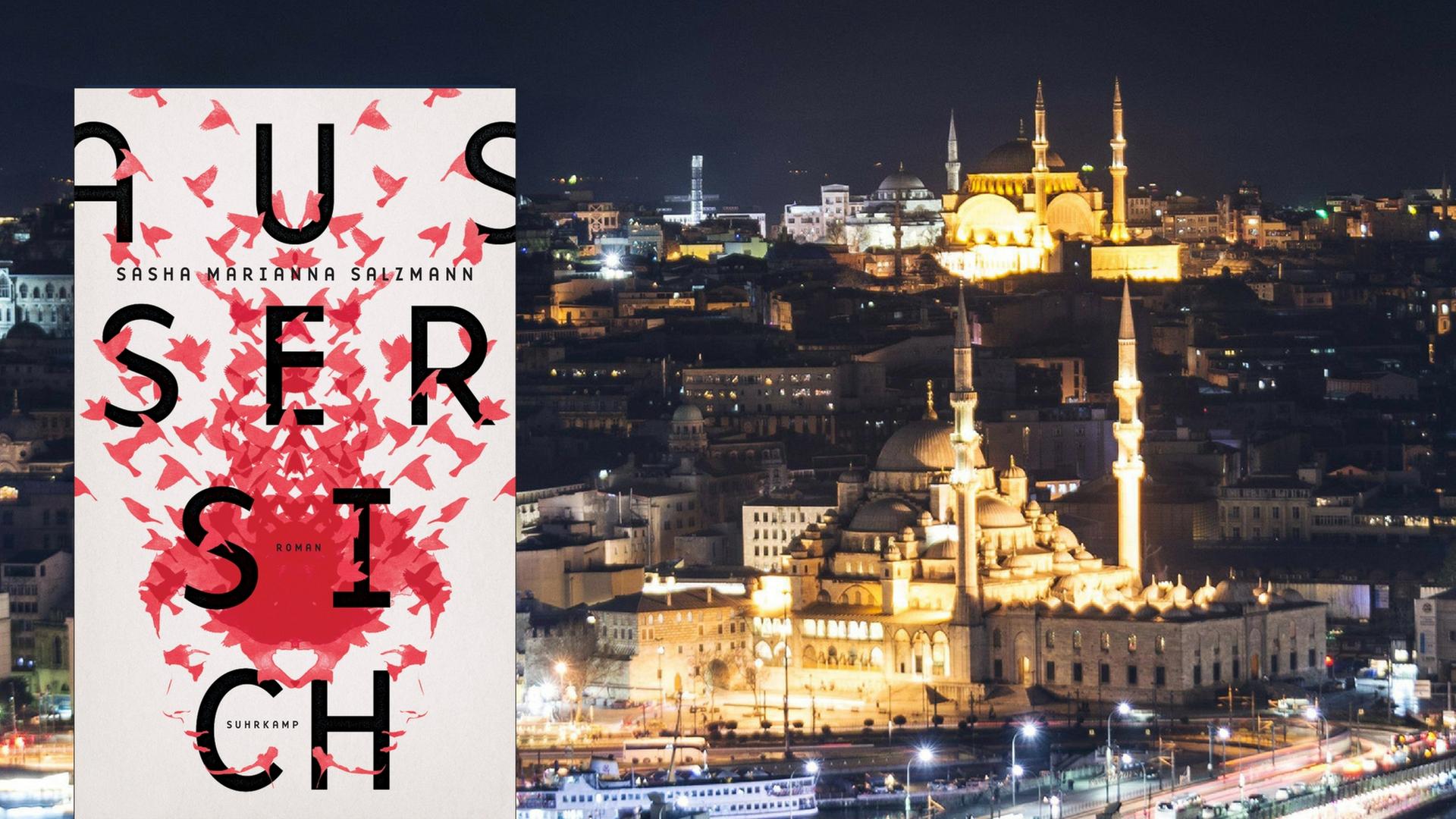 Buchcover von Sasha Marianna Salzmanns "Außer sich", im Hintergrund eine Stadtansicht von Istanbul bei Nacht