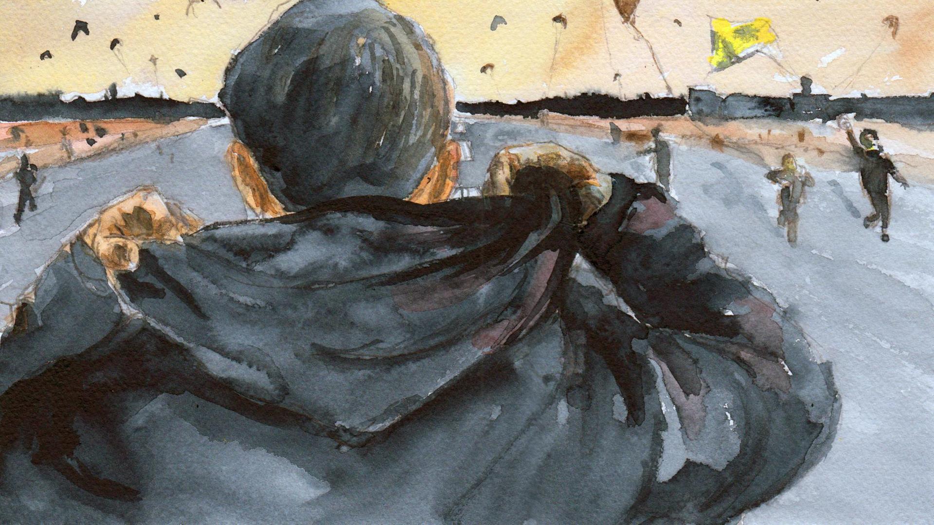 Illustration: ein Mann von hinten, der seine Kapuze überzieht