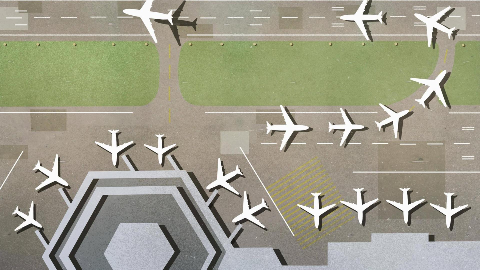 Illustration eines Flughafens von oben mit Landebahn und Flugzeugen. (Mit Denkfabrik-Stempel)