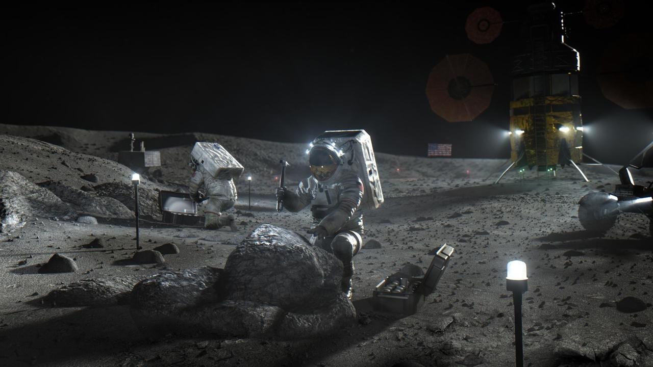 Diese von der NASA im April 2020 zur Verfügung gestellte Illustration zeigt die Artemis-Astronauten auf dem Mond. Am Donnerstag, den 30. April 2020, gab die NASA die drei Unternehmen bekannt, die Mondlandegeräte entwickeln, bauen und fliegen werden, mit dem Ziel, bis 2024 Astronauten auf den Mond zurückzubringen. Bei den Unternehmen handelt es sich um SpaceX, das von Elon Musk geleitet wird, Blue Origin, das von Jeff Bezos von Amazon gegründet wurde, und Dynetics, eine Tochtergesellschaft von Leidos in Huntsville, Ala.

___

Eine Illustration zeigt zwei Astronautinnen mit Wekzeugkoffern auf dem Mond. Im Hintergrund ist eine USA-Flagge zu sehen.