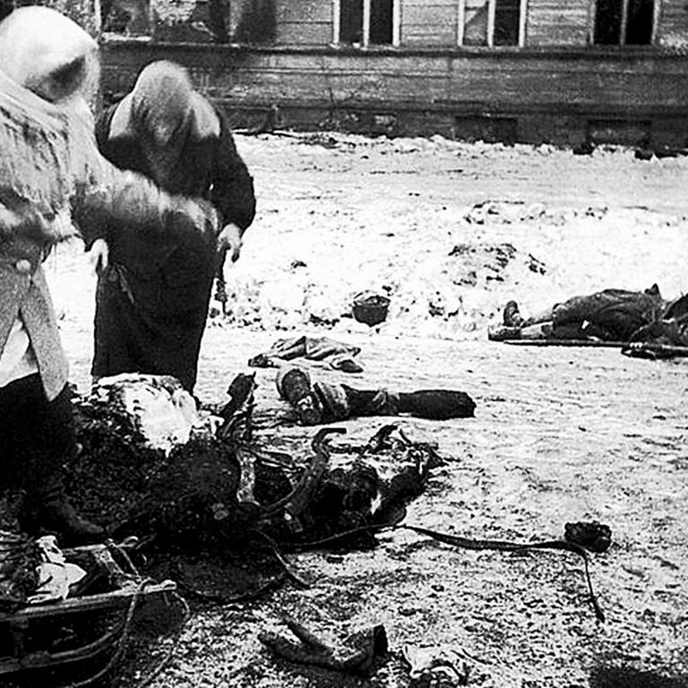 Zwei weibliche Personen sammeln aus Hunger Überreste von toten Pferden während der Leningrader Belagerung auf.