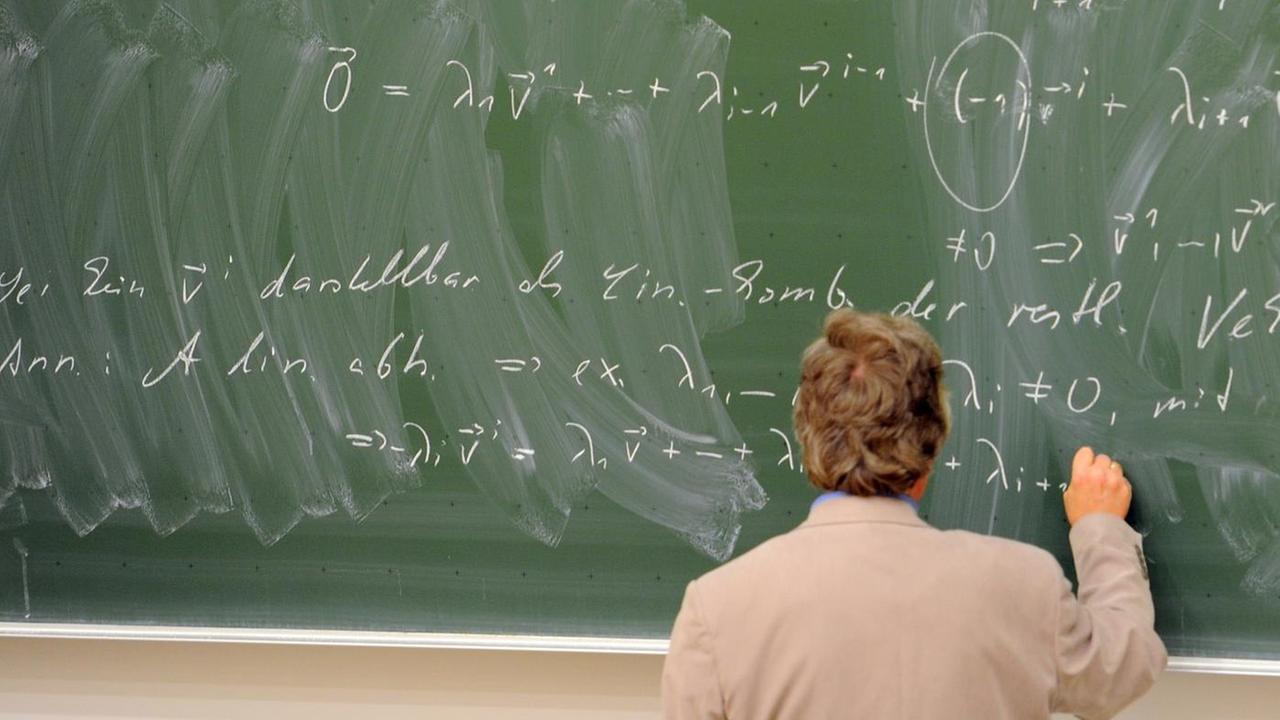 Formeln stehen auf einer schlecht gewischten Tafel am 29.10.2012 in Berlin in einer Vorlesung "Mathematik für Chemiker" im Walter-Nernst-Haus auf dem Campus Adlershof der Humboldt-Universität.