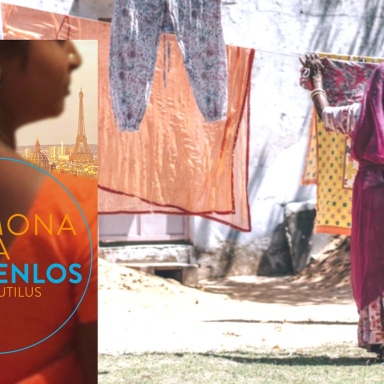 Buchcover "Staatenlos" von Shumona Sinha, im Hintergrund eine Inderin beim Wäscheaufhängen