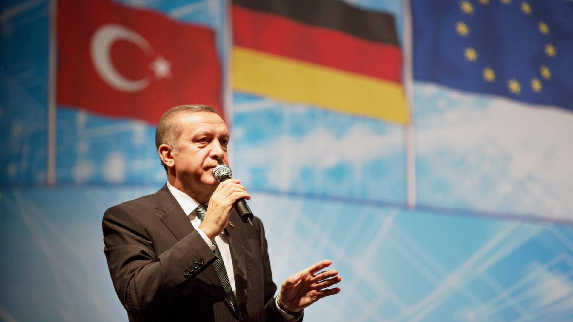 Auftritt des türkischen Ministerpräsident Recep Tayyip Erdogan im Tempodrom in Berlin. Der Premier sprach 2014 vor tausenden Anhängern auf der von den European Turkish Democrats (UETD) organisierten Veranstaltung