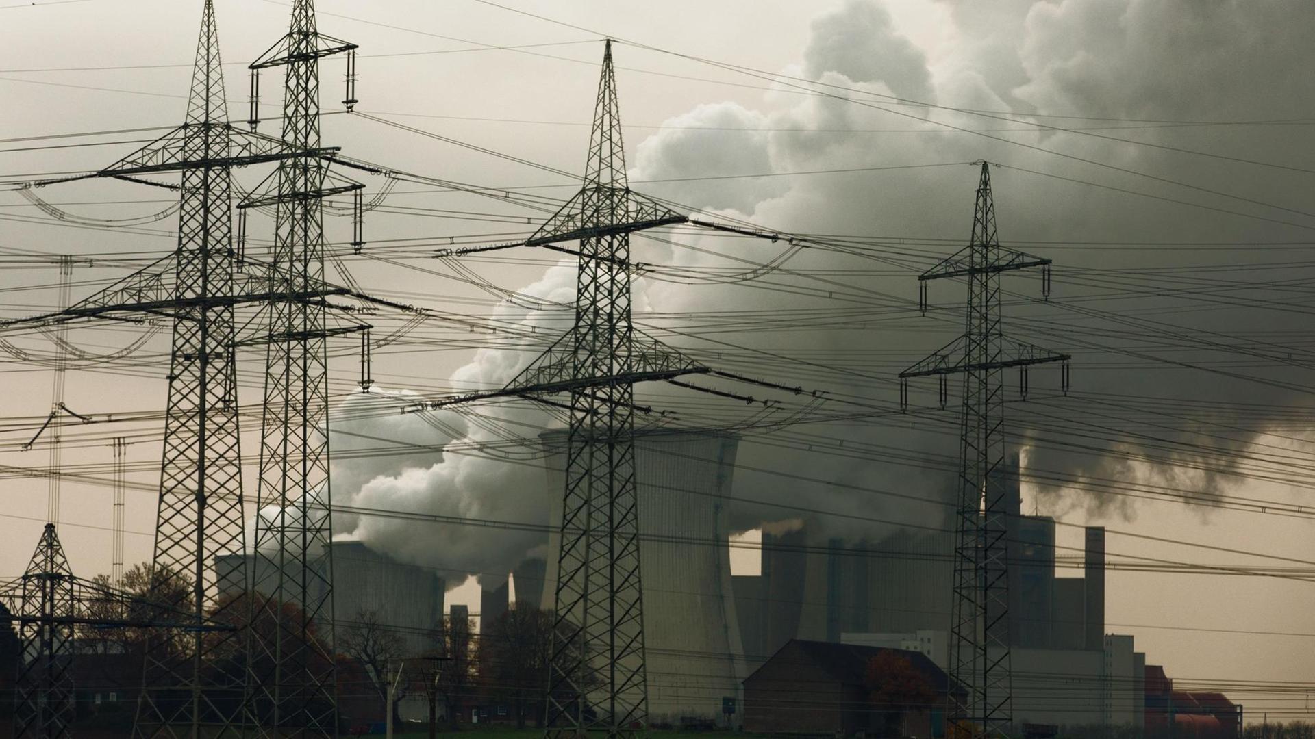 Braunkohlenkraftwerk von RWE in Neurath in NRW, davor Strommasten.