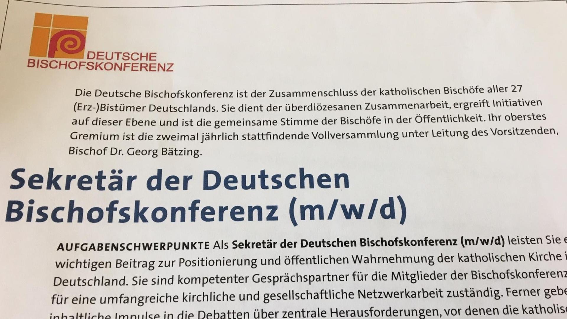 Die Deutschen Bischofskonferenz hat die Stelle eines Sekretärs m/w/d ausgeschrieben. Dabei handelt sich sich um eine Führungsposition.