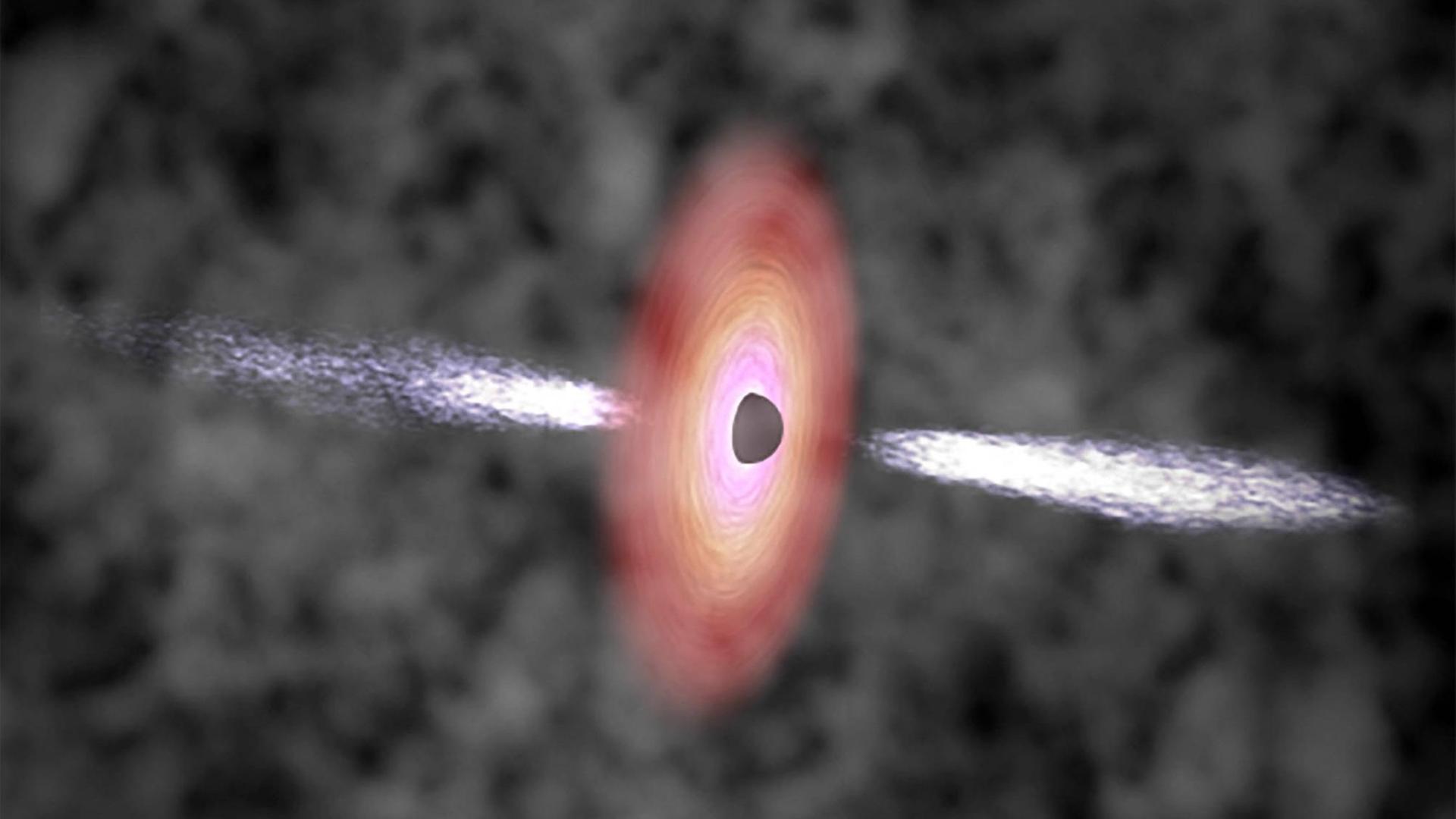 Künstlerische Darstellung eines Quasars – so ein Objekt heizt mit seiner intensiven Strahlung oft weite Gebiete in der Umgebung auf
