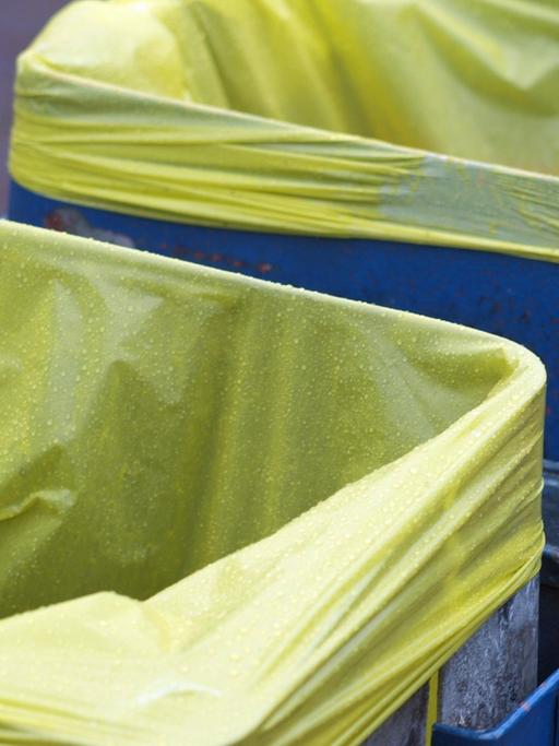 Blaue Mülltonnen mit gelben Säcken