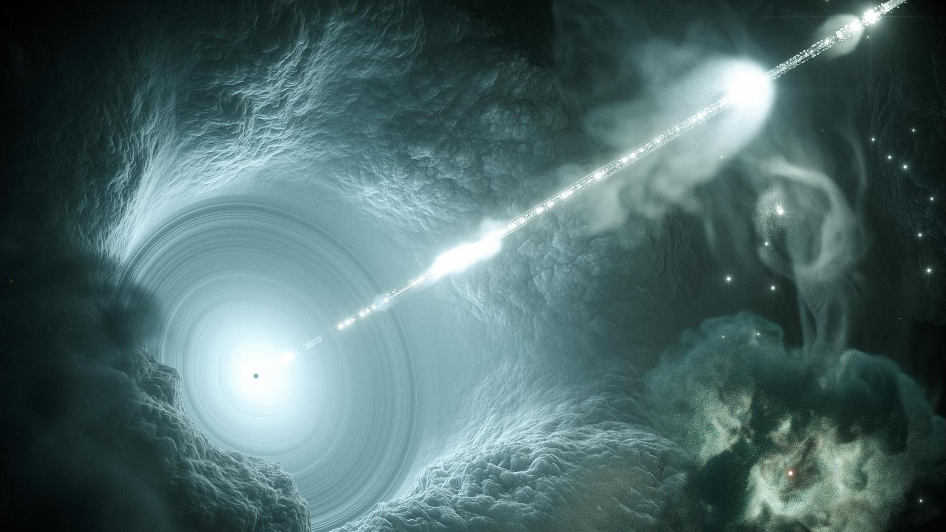 Künstlerische Darstellung des aktiven Galaxienkerns. Das supermassive Schwarze Loch im Zentrum der Akkretionsscheibe schickt einen energiereichen, scharf gebündelten Teilchenstrahl senkrecht ins All