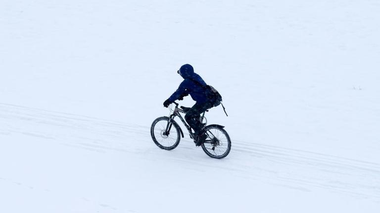 Ein Radfahrer fährt am 13.02.2013 in der Innenstadt von Dresden durch den Schnee.