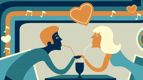 Illustration: ein Paar trinkt bei einem Date gemeinsam aus einem Glas.