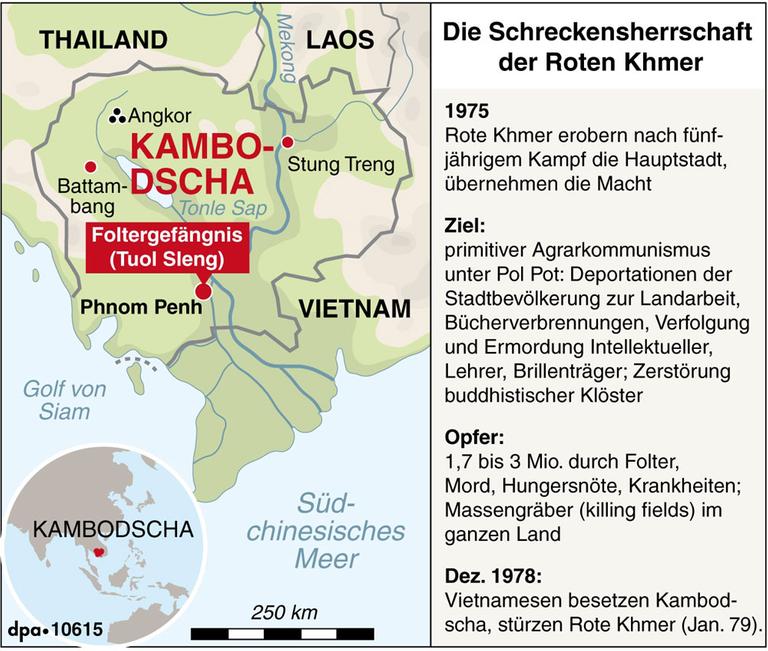 Die Grafik zeigt eine Karte und einen kurze Chronologie der Schreckensherrschaft der Roten Khmer.