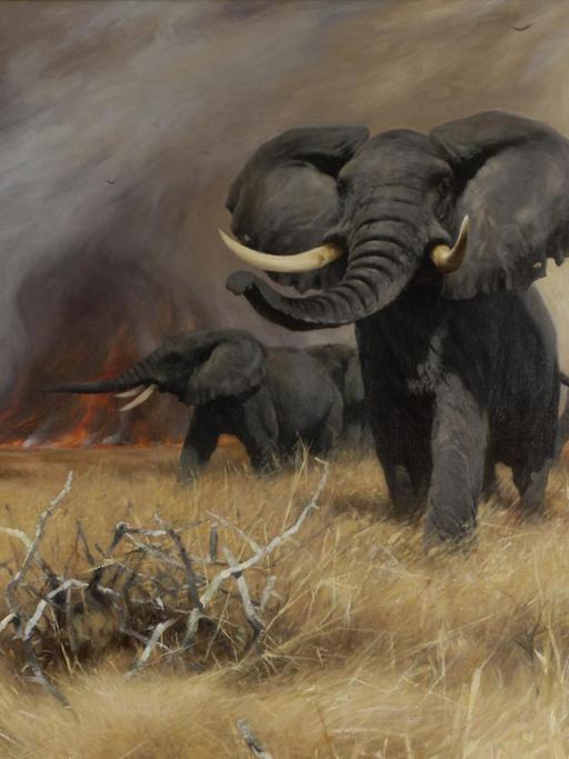 Ein Ölgemälde zeigt mehrere Elefanten in der afrikanischen Landschaft.