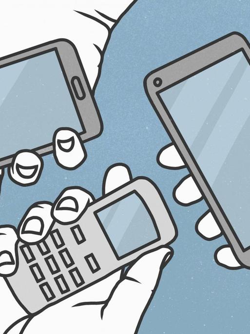 Illustration von drei Händen, die ein Smartphone mit leerem Display halten.