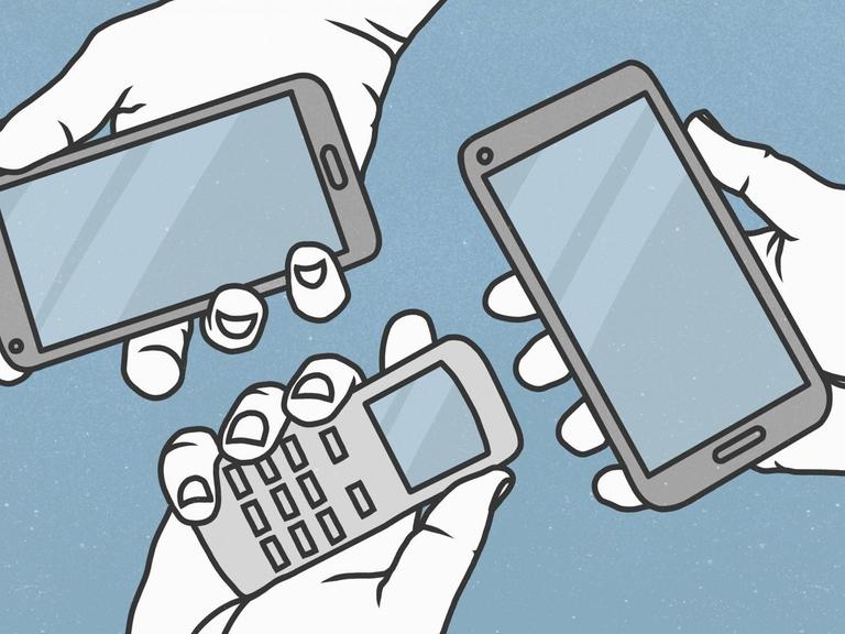 Illustration von drei Händen, die ein Smartphone mit leerem Display halten.