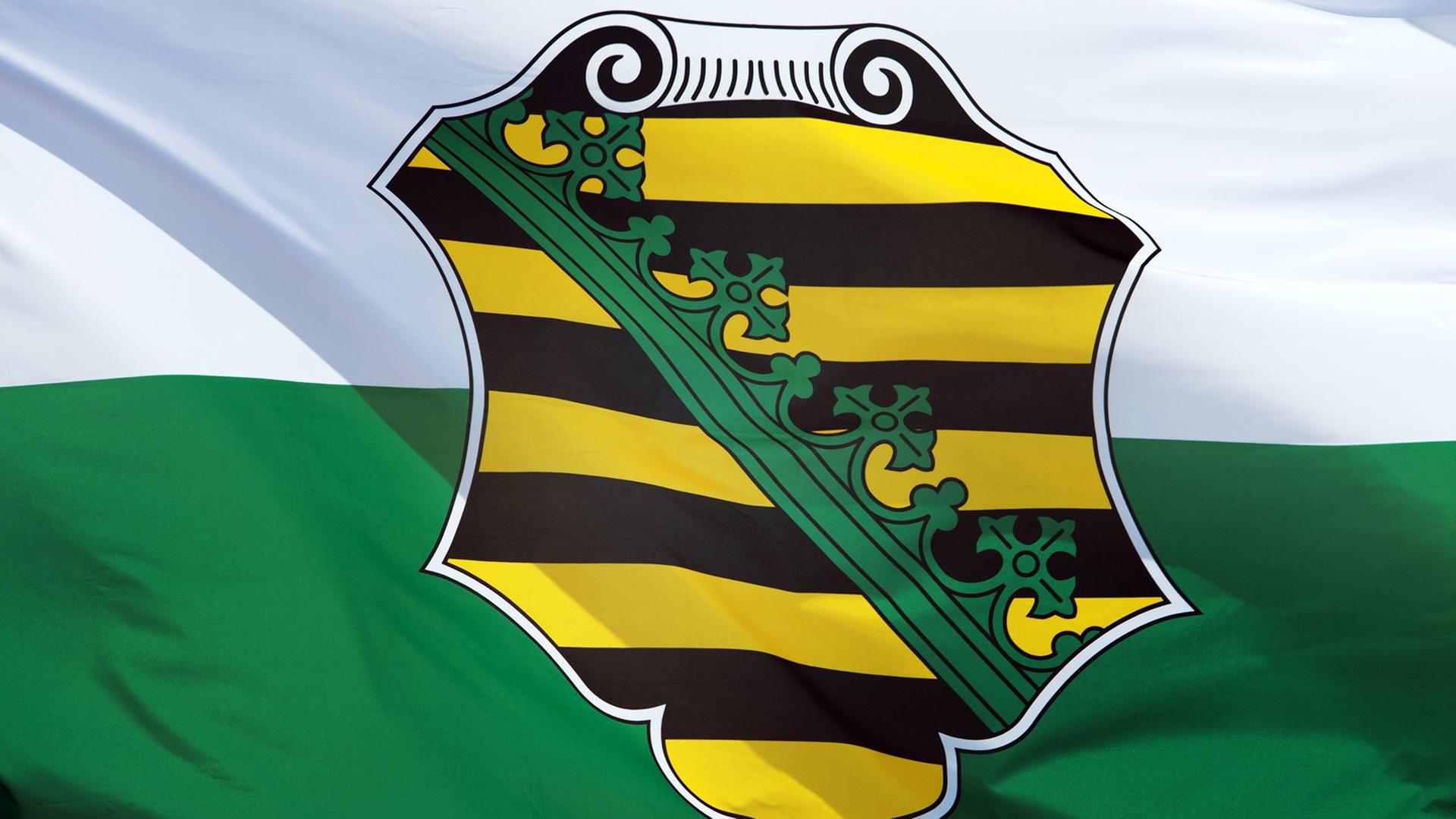 Eine Sachsen-Fahne weht am 18.06.2014 vor dem Sächsischen Landtag in Dresden (Sachsen)