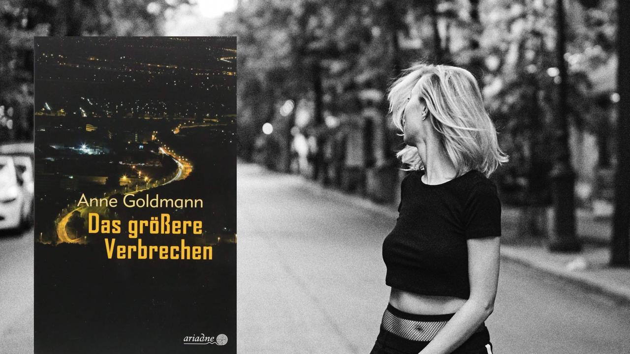 Cover von Anne Goldmanns Buch "Das größere Verbrechen". Im Hintergrund ist das SW-Foto einer Frau zu sehen, die auf einer Strßae läuft und sich gerade umdreht. 
