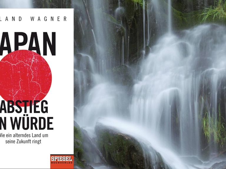 Collage: links das Buchcover "Japan. Abstieg in Würde". von Wieland Wagner, DVA Verlag. Hintergrundbild Wasserfall in japanischer Felsenlandschaft.