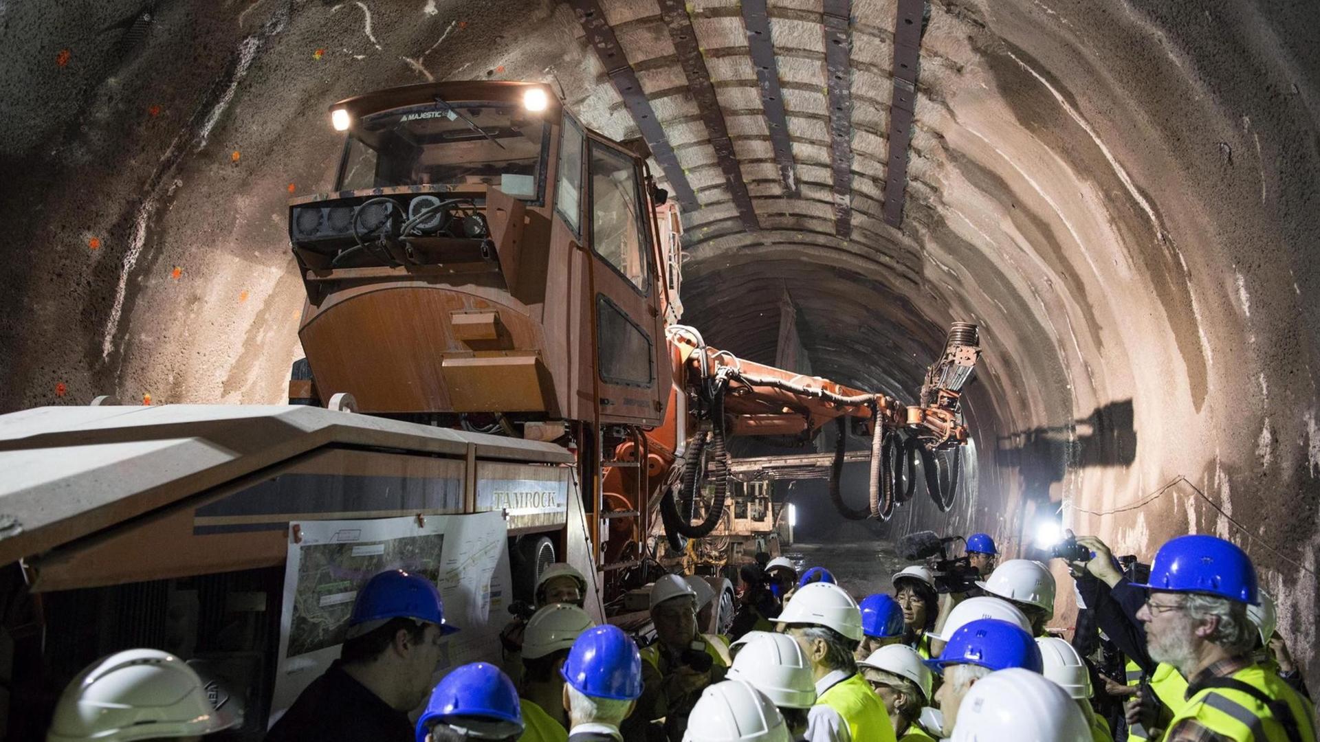 Besucher bei der Begutachtung des Tunnelbaus für die geplante Bahnverbindung der Städte Turin und Lyon, hier bei Saint-Martin-de-la-Port am 06.05.2015 Besucher bei der Begutachtung des Tunnelbaus für die geplante Bahnverbindung der Städte Turin und Lyon, hier bei Saint-Martin-de-la-Port am 06.05.2015