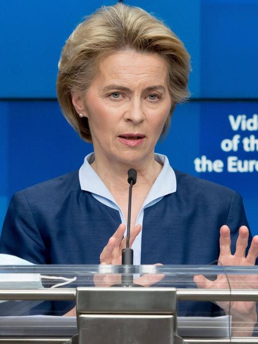 200620 -- BRUSSELS, June 20, 2020 Xinhua -- European Commission President Ursula von der Leyen speaks at a press conference following a video conference of European leaders at the EU headquarters in Brussels, Belgium, June 19, 2020. European leaders met at a video conference on Friday, discussing an ambitious fund to help the European economies recover from the COVID-19 pandemic. But no consensus was reached. The heads of state and government of the European Union s member states hopefully will meet again physically in July to address their differences, President of the European Council Charles Michel told media following the video conference. European Union/Handout via Xinhua BELGIUM-BRUSSELS-EU-COVID-19-VIDEO CONFERENCE PUBLICATIONxNOTxINxCHN