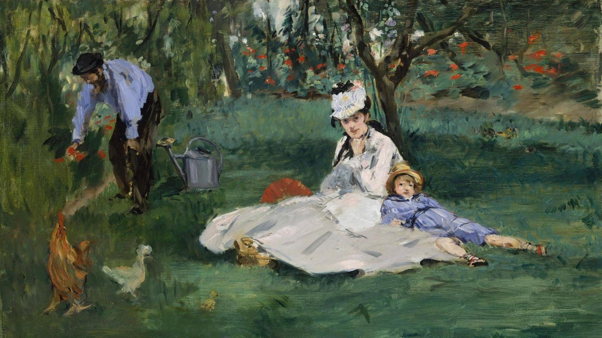 Die Familie Monet – Mutter, Vater, Sohn – auf einer Wiese, gemalt von Édouard Manet.