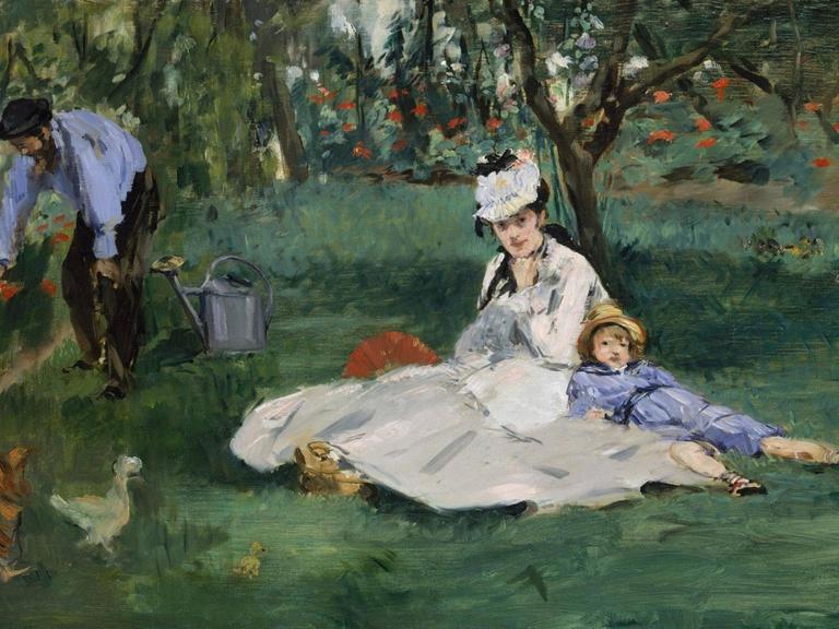 Die Familie Monet – Mutter, Vater, Sohn – auf einer Wiese, gemalt von Édouard Manet.