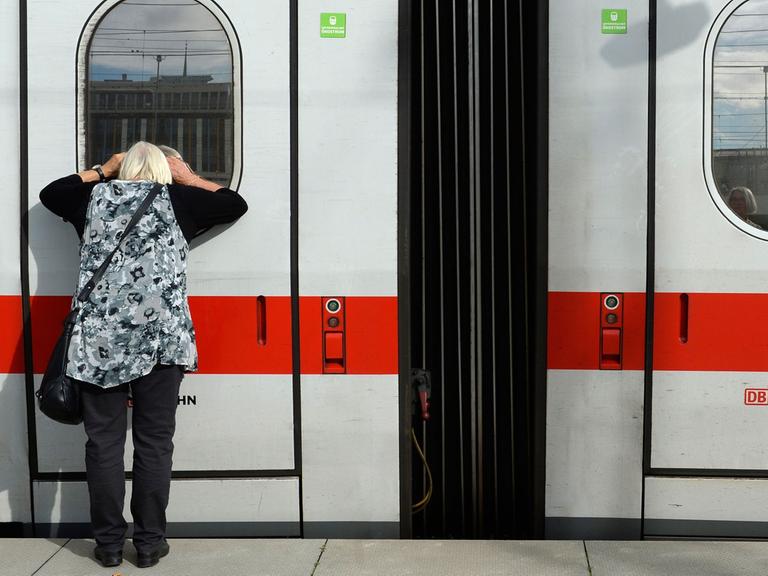 Eine Frau schaut am Münchener Hauptbahnhof in einen wegen des Lokführer-Streiks geparkten ICE.