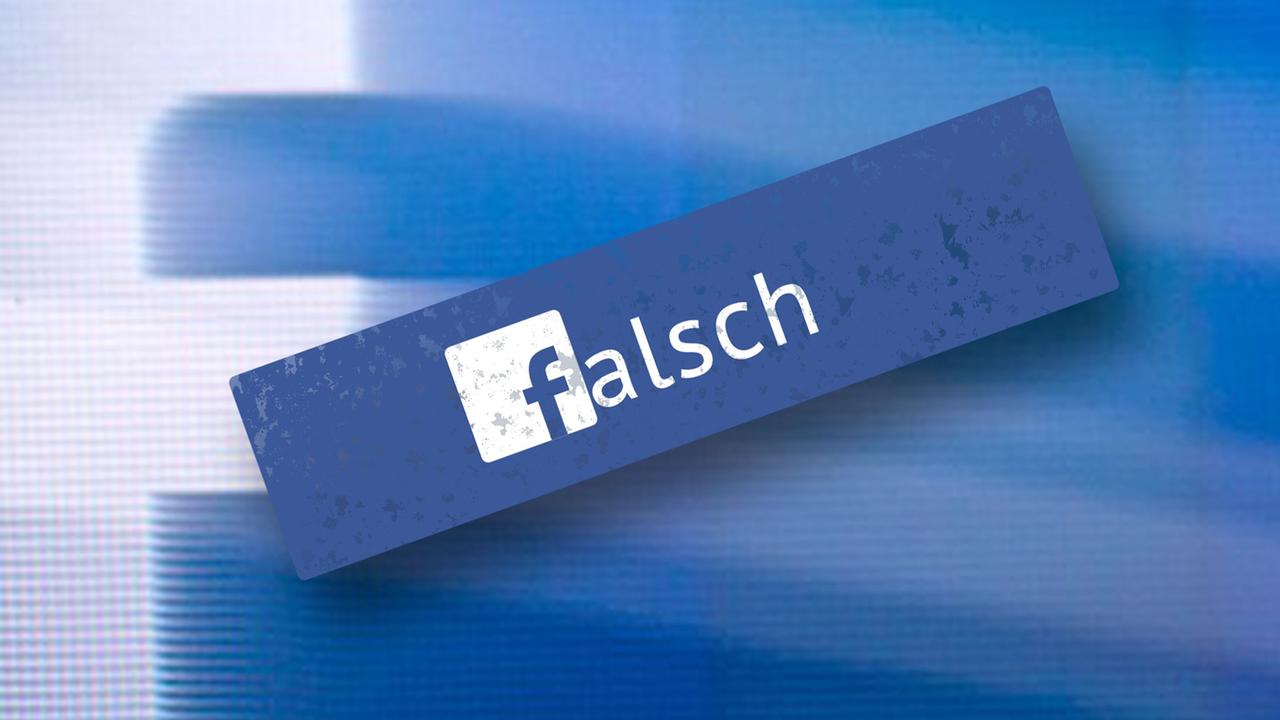 Zu sehen ist der Schriftzug "falsch" - der Buchstabe "f" ist im facebook-Design gehalten. Im Hintergrund das stark vergrößerte Logo des Unternehmens.