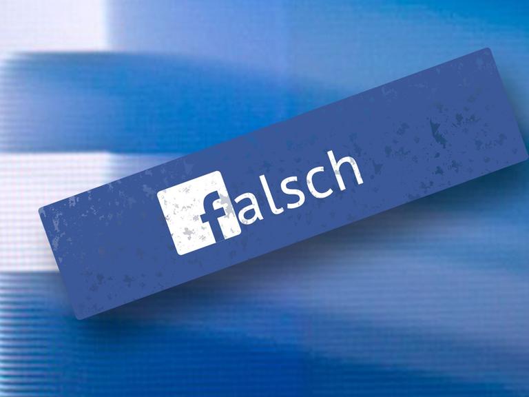 Zu sehen ist der Schriftzug "falsch" - der Buchstabe "f" ist im facebook-Design gehalten. Im Hintergrund das stark vergrößerte Logo des Unternehmens.