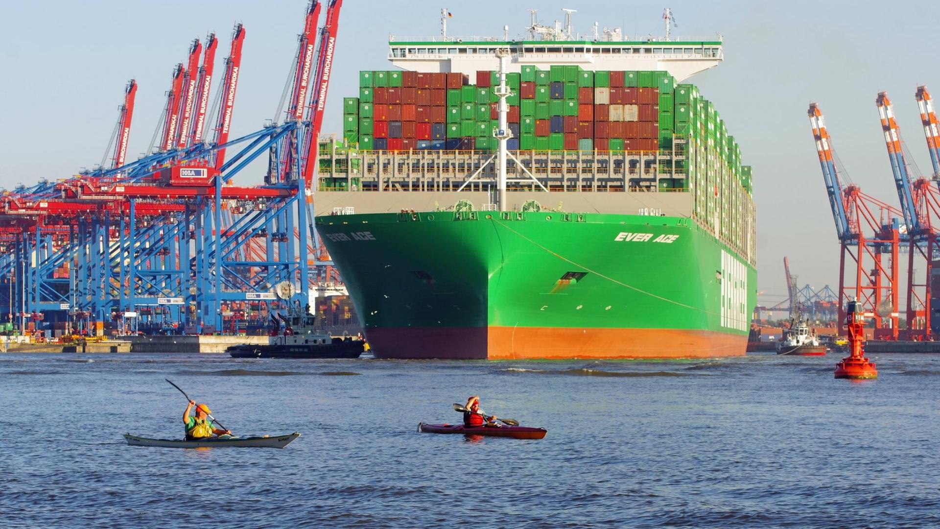 Ein großes Schiff fährt in den Hamburger Hafen ein, im Hintergrund sieht man Kräne.
