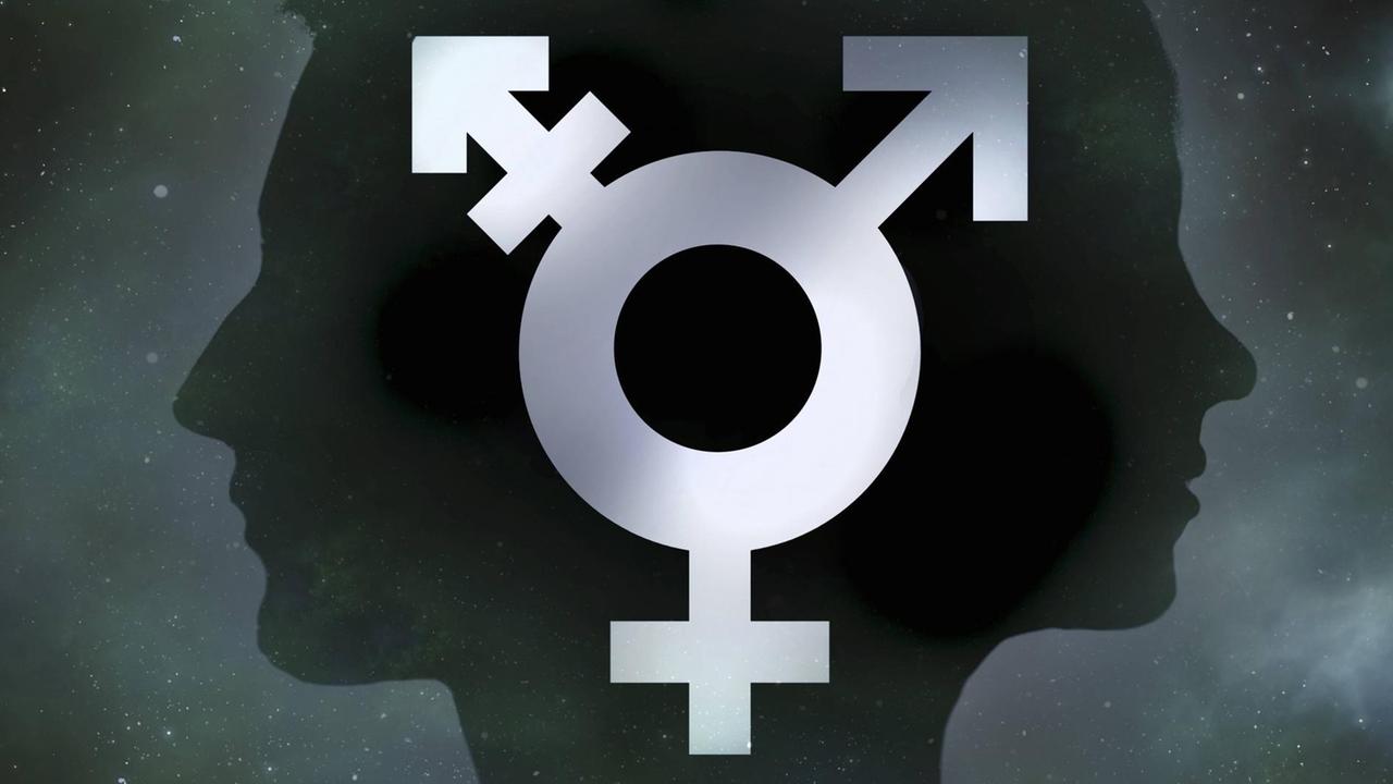 Vor der Silhouette eines Mannes und einer Frau sind Geschlechtersymbole abgebildet.
