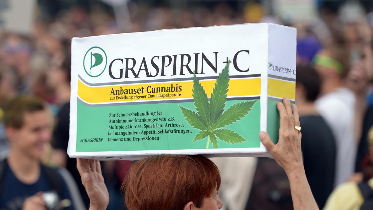 "Graspirin" als Medikament fordert eine Demonstrantin auf der Hanfparade 2014 in Berlin.