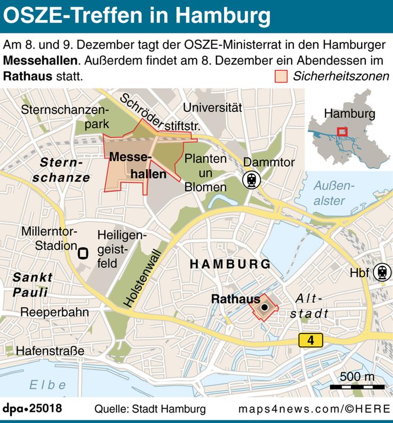 Tagung des OSZE-Ministerrats: Karte Hamburgs zu Veranstaltungsorten und Sicherheitszonen