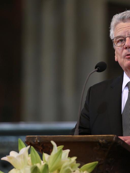 Bundespräsident Joachim Gauck während der Trauerfeier für die 150 Opfer des Germanwings-Absturzes.