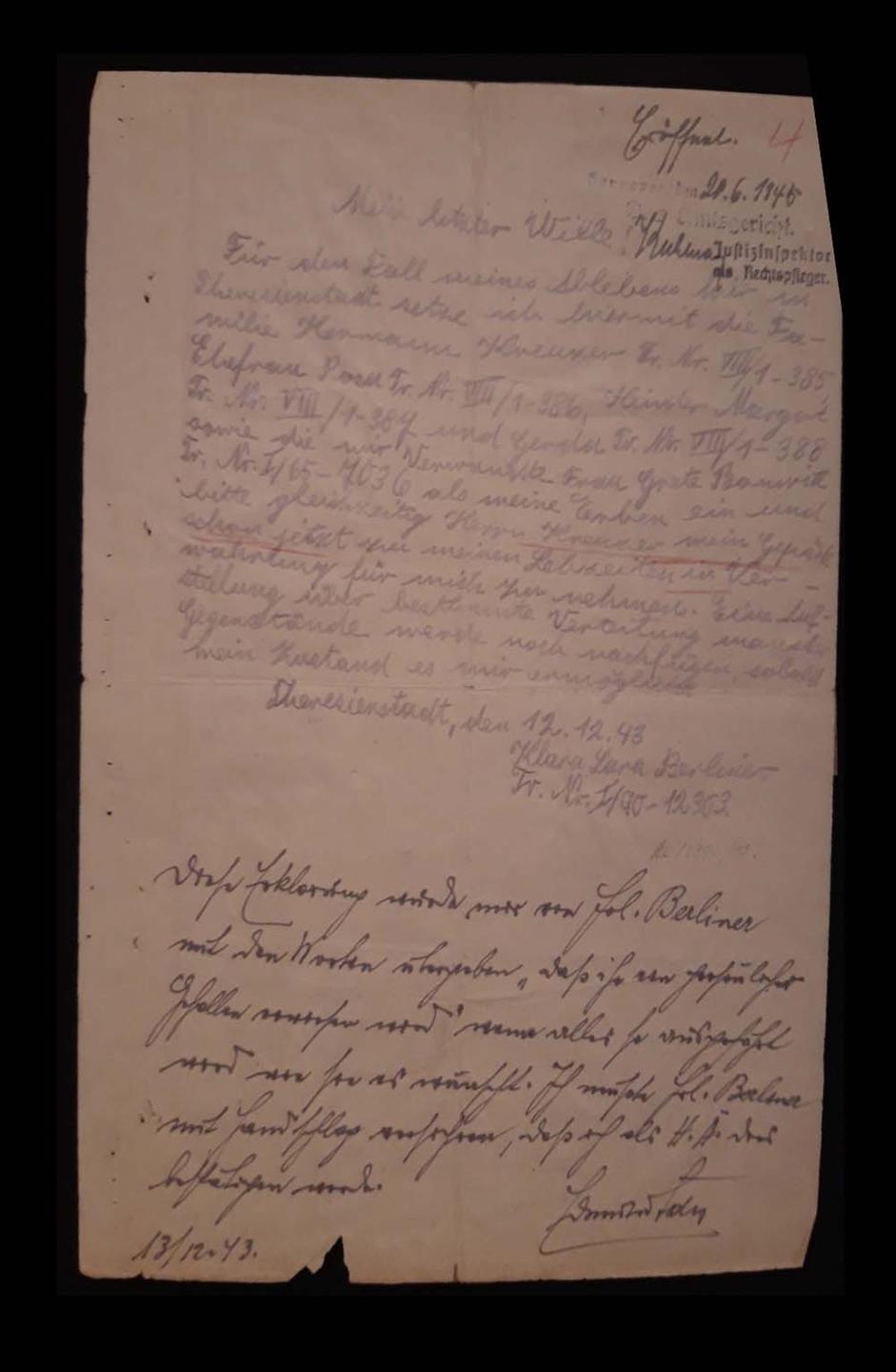 Klara Berliners handschriftliches Testament
