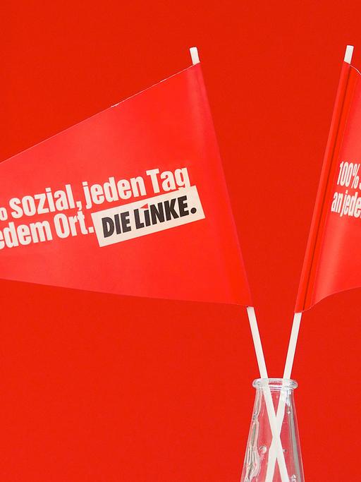 Zwei rote Fähnchen stehen vor rotem Hintergrund in einem Glas. Aufschrift: 100 Prozent sozial, jeden Tag, an jedem Ort. Die Linke.