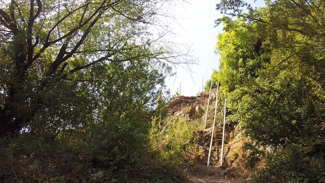 Eine Leiter steht an einem Steilfels.