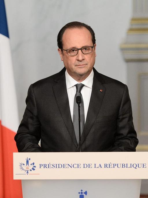 François Hollande an einem Rednerpult, im Hintergrund die französische und die EU-Flagge.