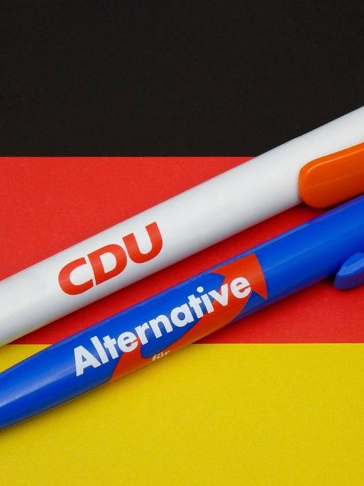 Kugelschreiber von CDU und AfD liegen auf einer Deutschlandfahne.