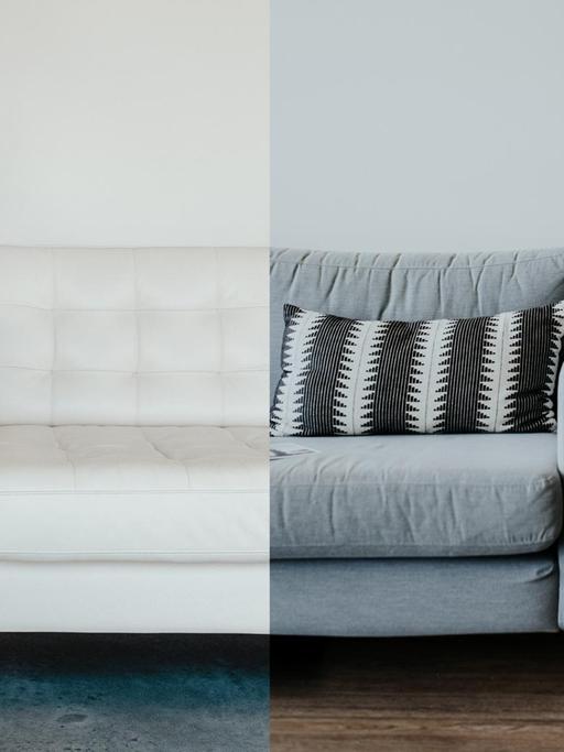 Montage zweier Bilder, die jeweils ein Ikea Sofa zeigen.