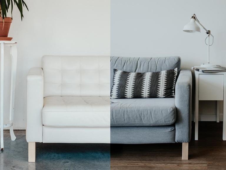 Montage zweier Bilder, die jeweils ein Ikea Sofa zeigen.