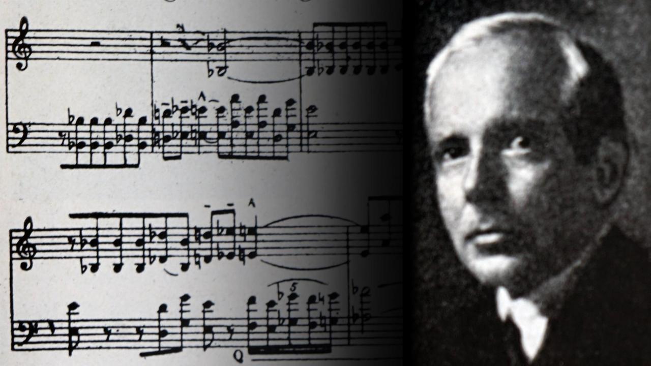 Béla Bartók und ein Notenblattauszug aus einer seiner Kompositionen.