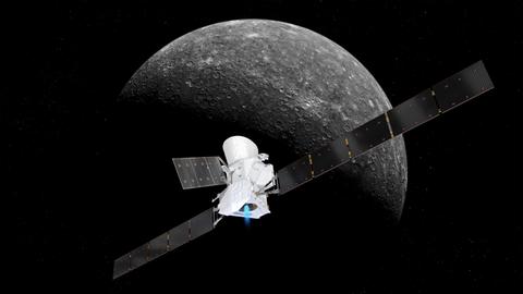 Ein grafische Darstellung zeigt die Sonde BepiColombo im Anflug auf den Merkur.