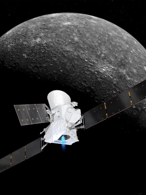 Ein grafische Darstellung zeigt die Sonde BepiColombo im Anflug auf den Merkur.