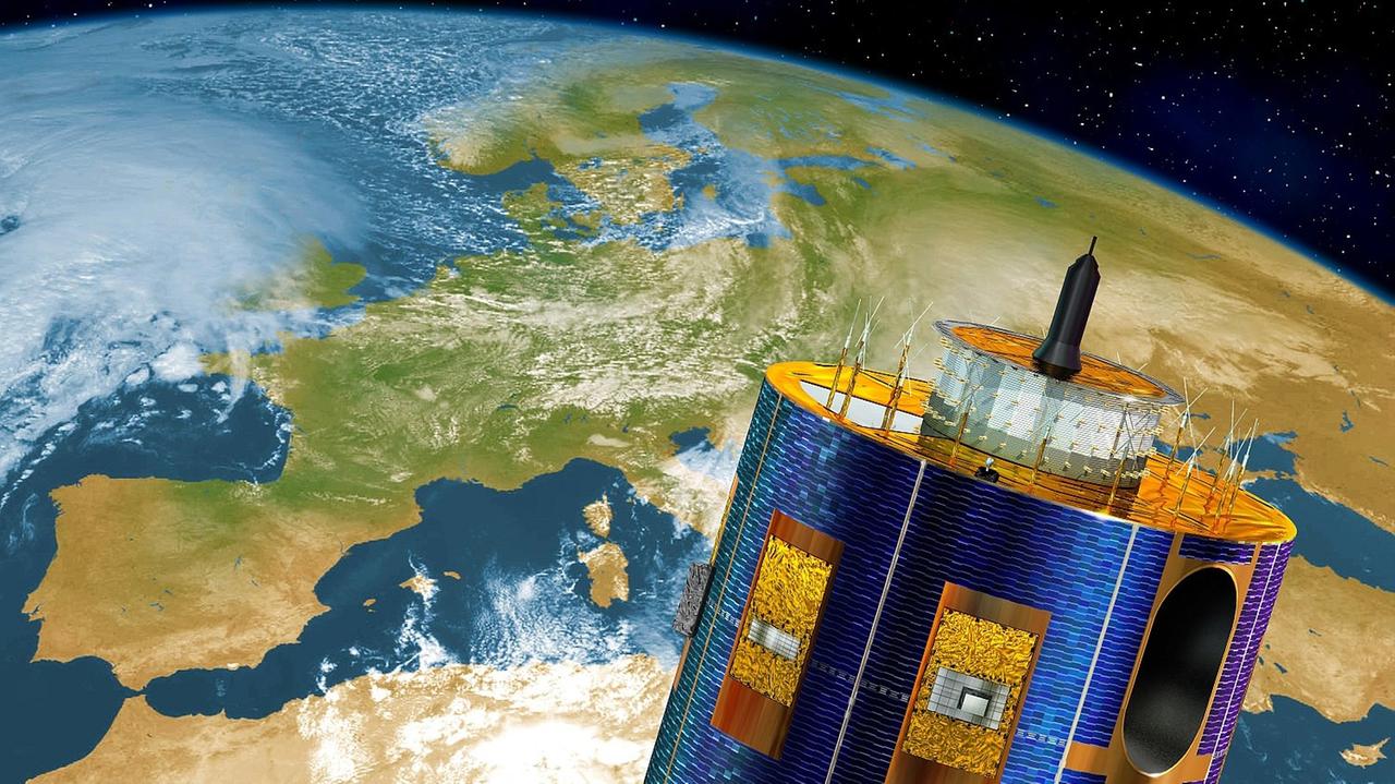 Auch Wettersatelliten wie Meteosat in rund 36.000 km Höhe werden von der Erdanziehungskraft auf Kurs gehalten (Montage)