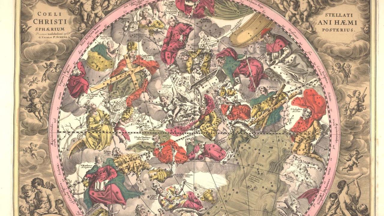 Sternkarte mit christlichen Sternbildern (Orion ganz rechts)