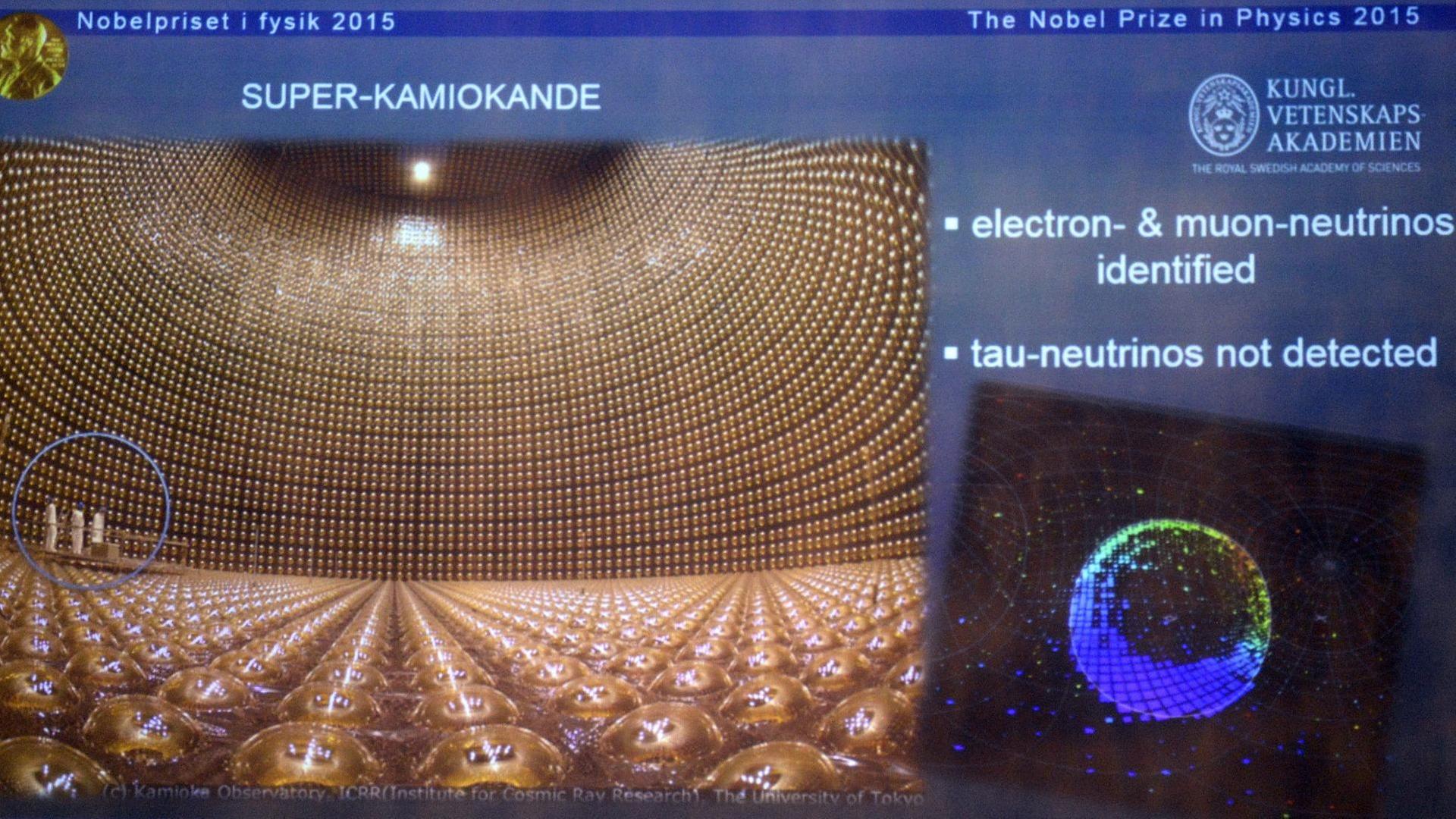 Ein Bild des Detektors Superkamiokande und eine Illustration, die das Forschungsgebiet von Nobelpreisträger Takaaki Kajita beschreibt.