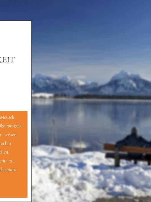 Cover des Buchs "Unverfügbarkeit" von Hartmut Rosa vor dem Hintergrund einer Schneelandschaft mit See und zwei Personen auf einer Bank an einem See, am anderen Ufer sind Berge zu sehen, es liegt Schnee.