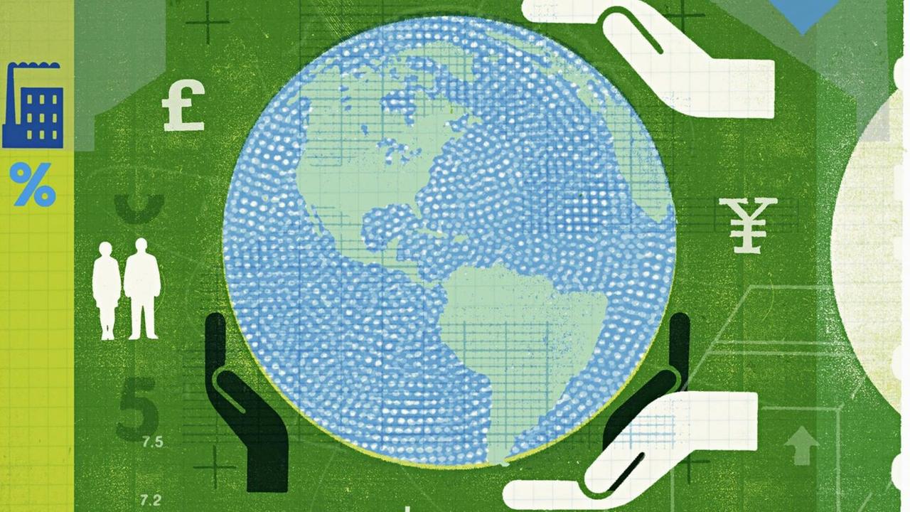 Eine Grafik zeigt Hände, die einen Globus halten