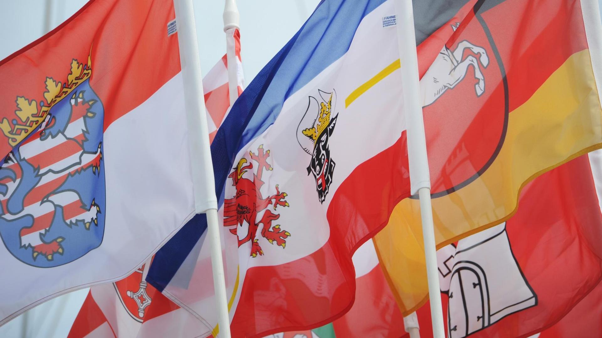Die Flaggen mehrerer Bundesländer, darunter Mecklenburg-Vorpommern, und Hamburg, wehen an Masten